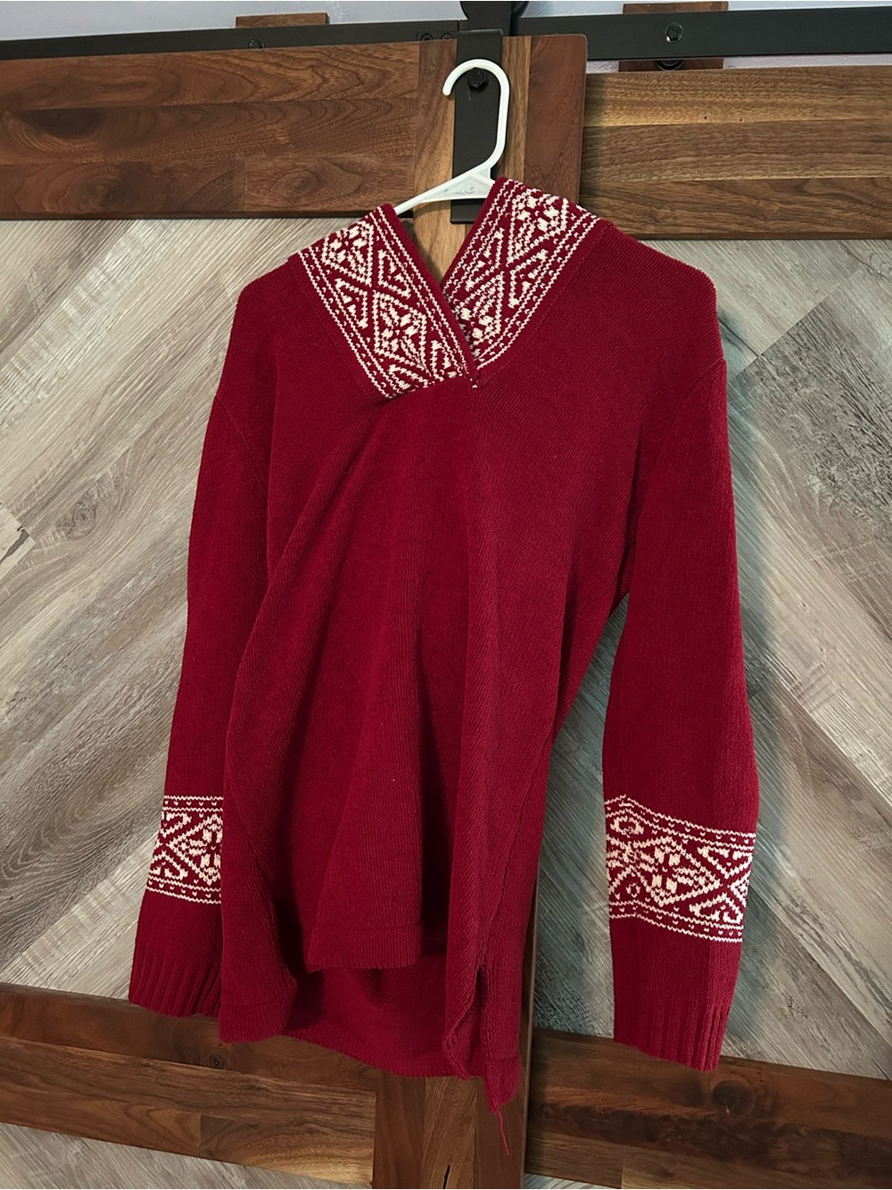 Red V-Neck Nordic Pattern Women's Hooded Sweater